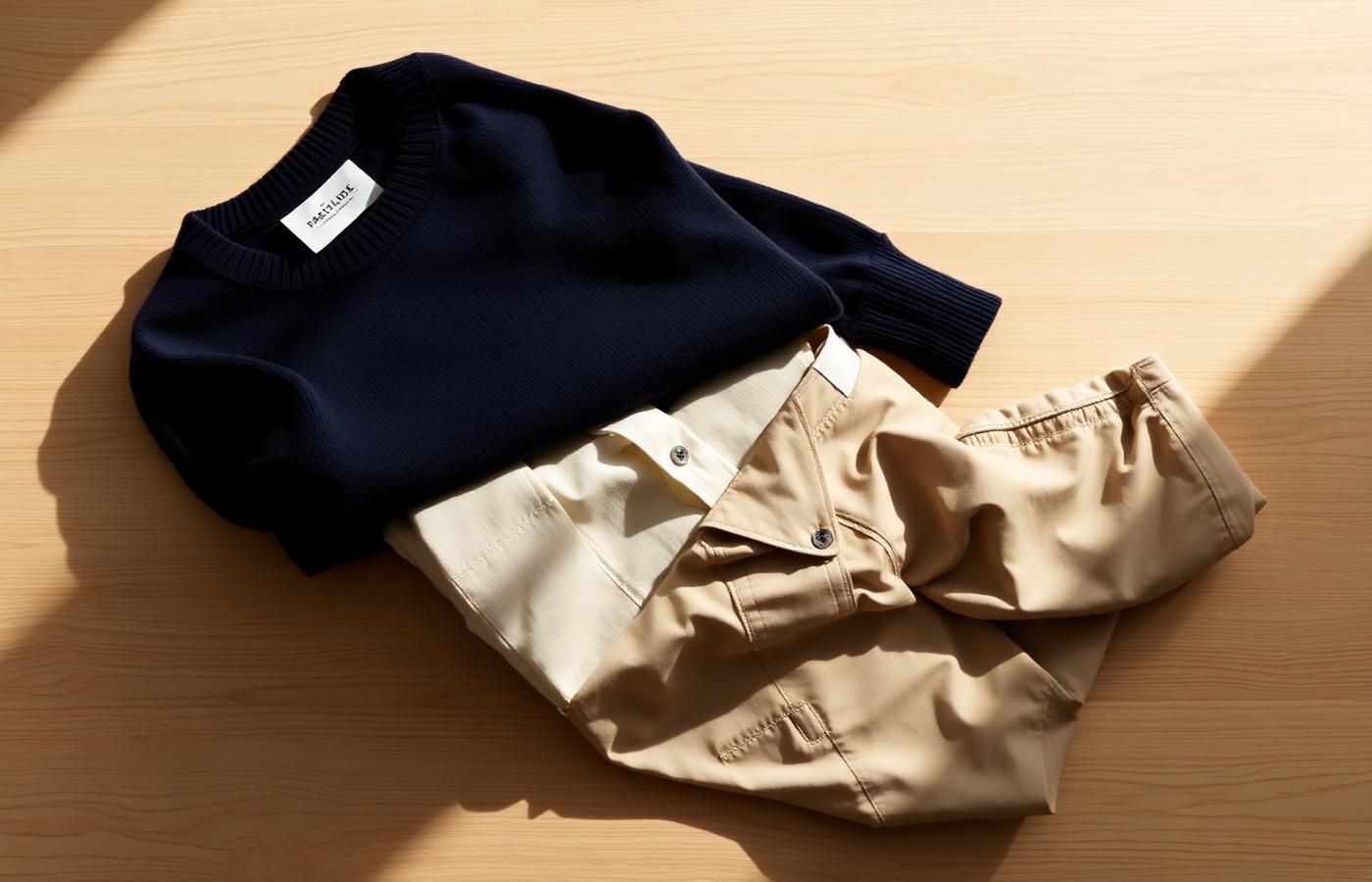 A folded stack of Clothetic knitwear and chinos