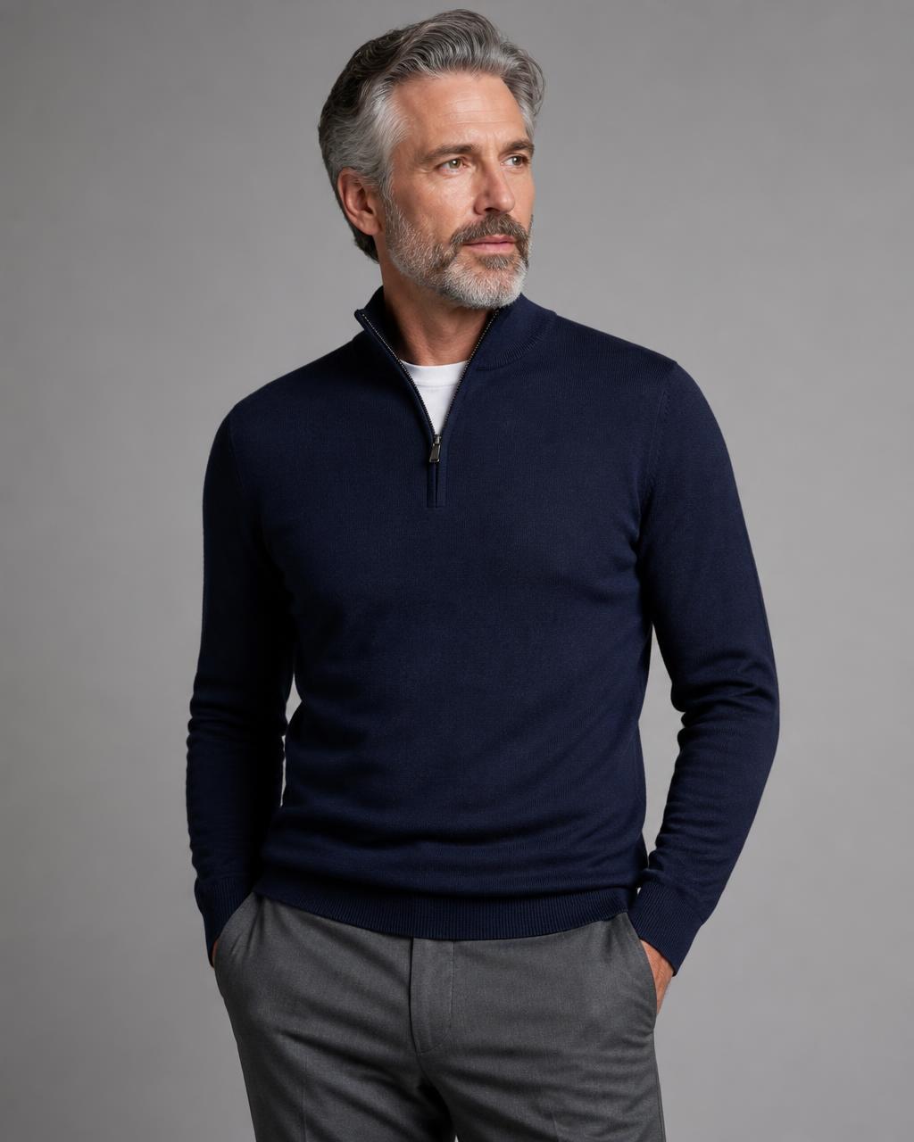 Merino Quarter-Zip Pullover in Navy